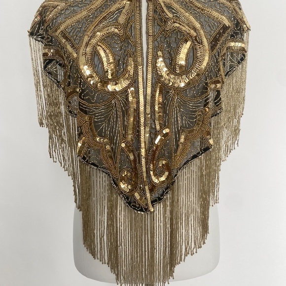 Gold Art Deco Hand Beaded Fringe and Sequin Cape - Picture 2 of 7
